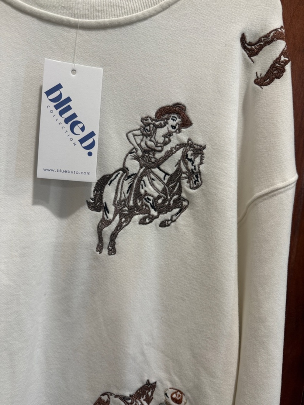 Blue B. Cream Crewneck Sweater with Western Embroidered Motifs - Picture 2 of 7